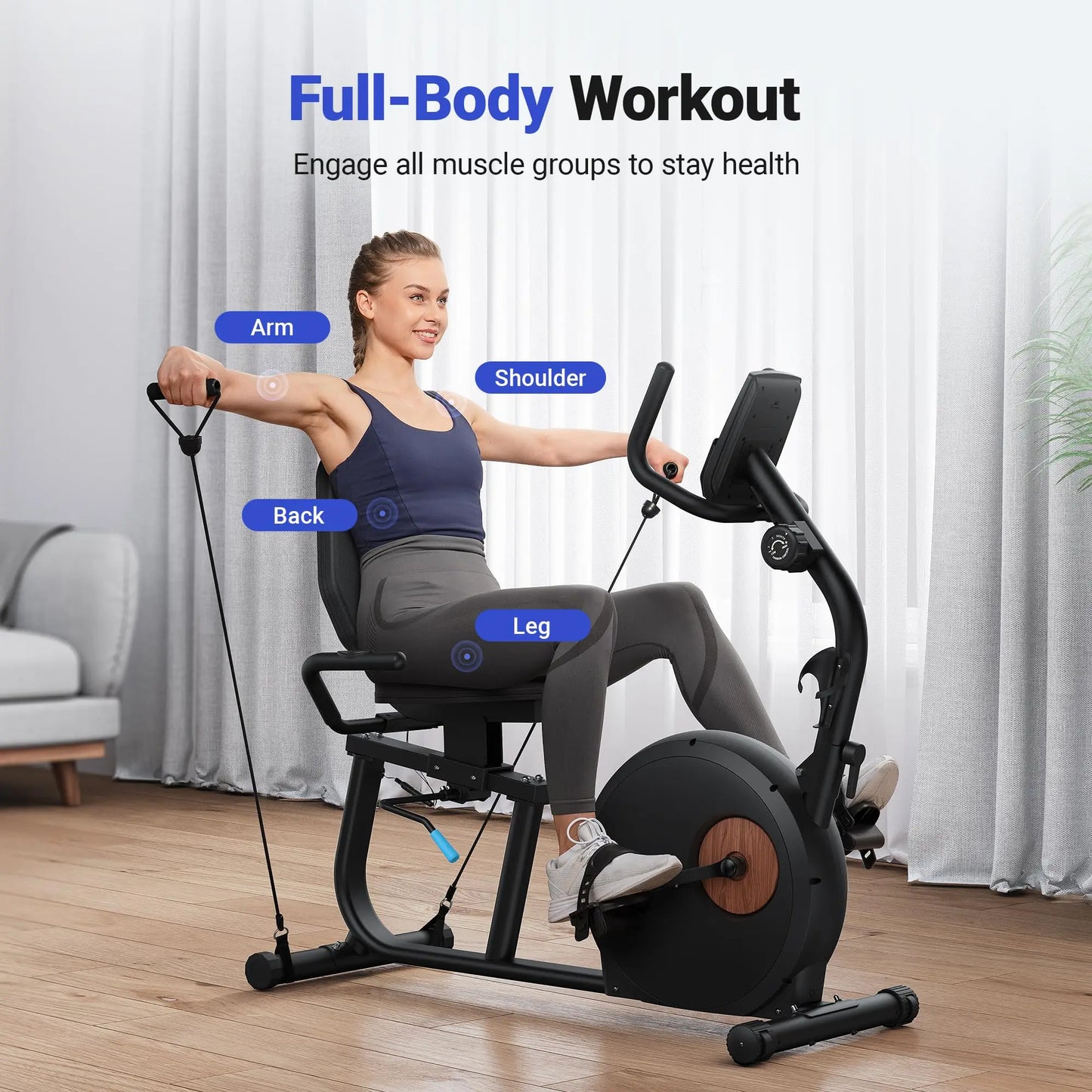 MERACH Recumbent Exercise Bike S23 – Full-Body Magnetic Stationary Bike with Resistance Bands