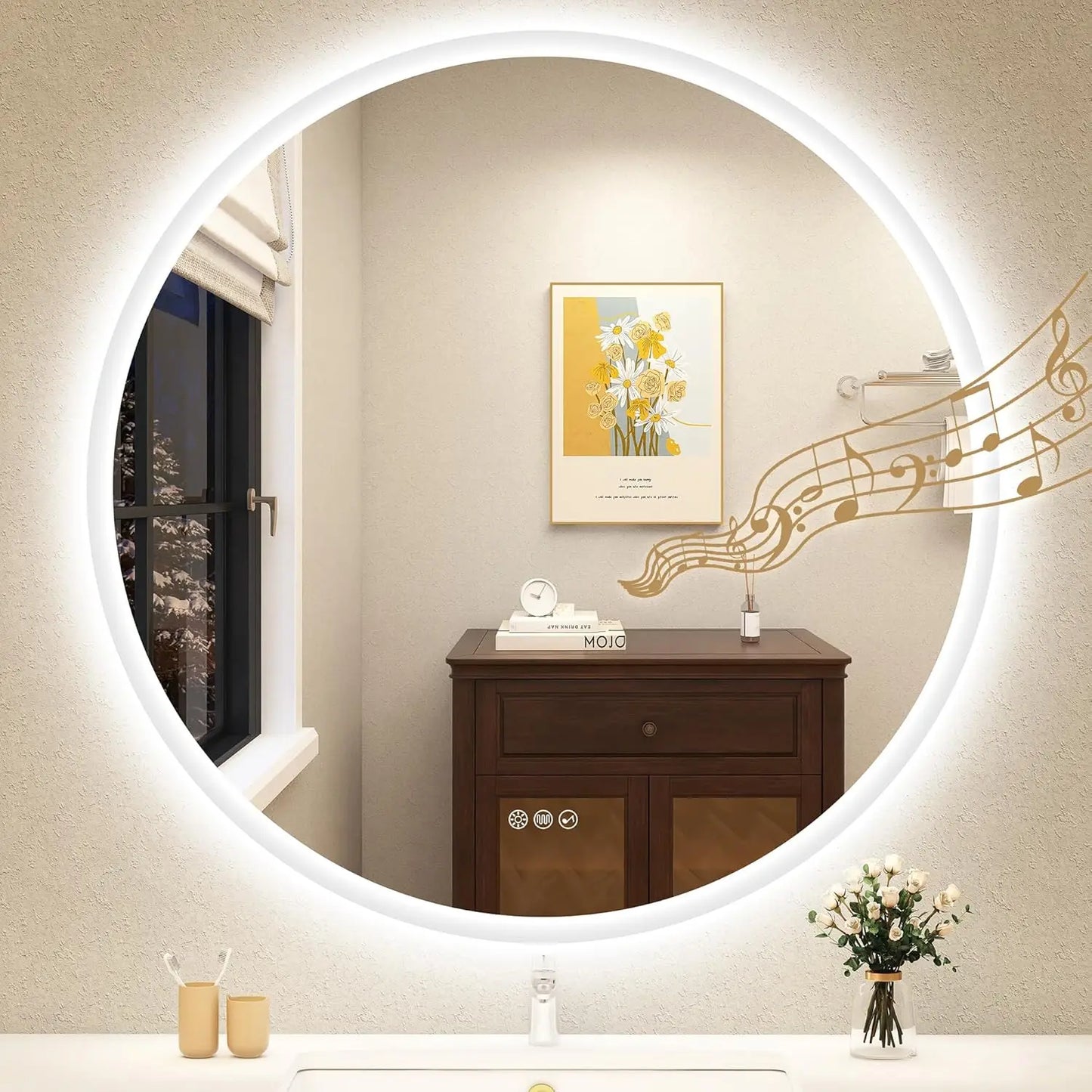 LED Bathroom Mirror with Lights – Bluetooth Speaker, Dimmable Brightness & Anti-Fog Technology