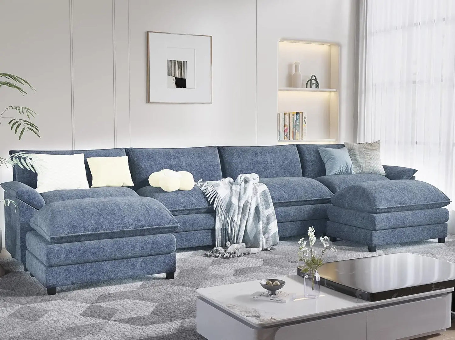 Modern Convertible U-Shaped Sectional Sofa with Ottoman – 6-Seat Modular Fabric Couch