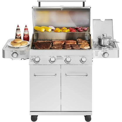 4-Burner Propane Gas Grill – Stainless Steel Cabinet Style with Side & Sear Burners 🔥