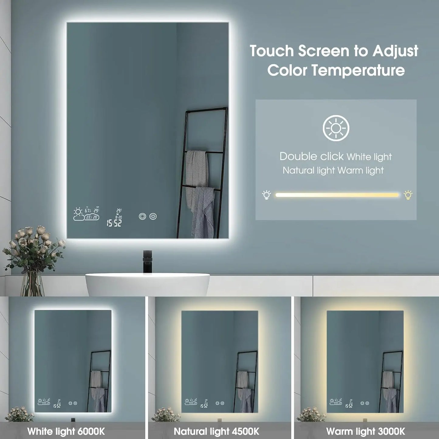 Smart Bathroom Mirror with Bluetooth (40” x 32”) – WiFi Enabled, Weather Display, Fog-Free, Adjustable Brightness