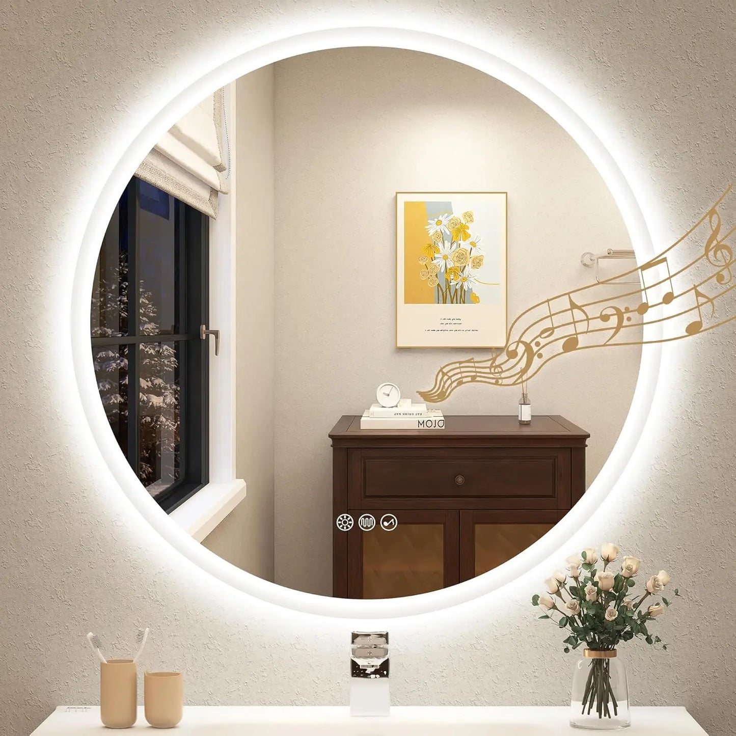 LED Bathroom Mirror with Lights – Bluetooth Speaker, Dimmable Brightness & Anti-Fog Technology