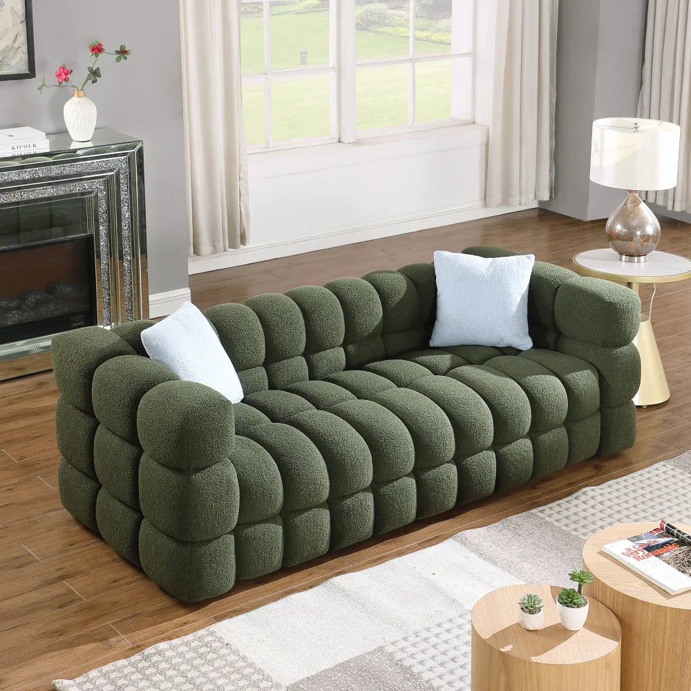 Olive Green Bouclé Marshmallow Sofa – 3-Seater Modern Luxury Couch