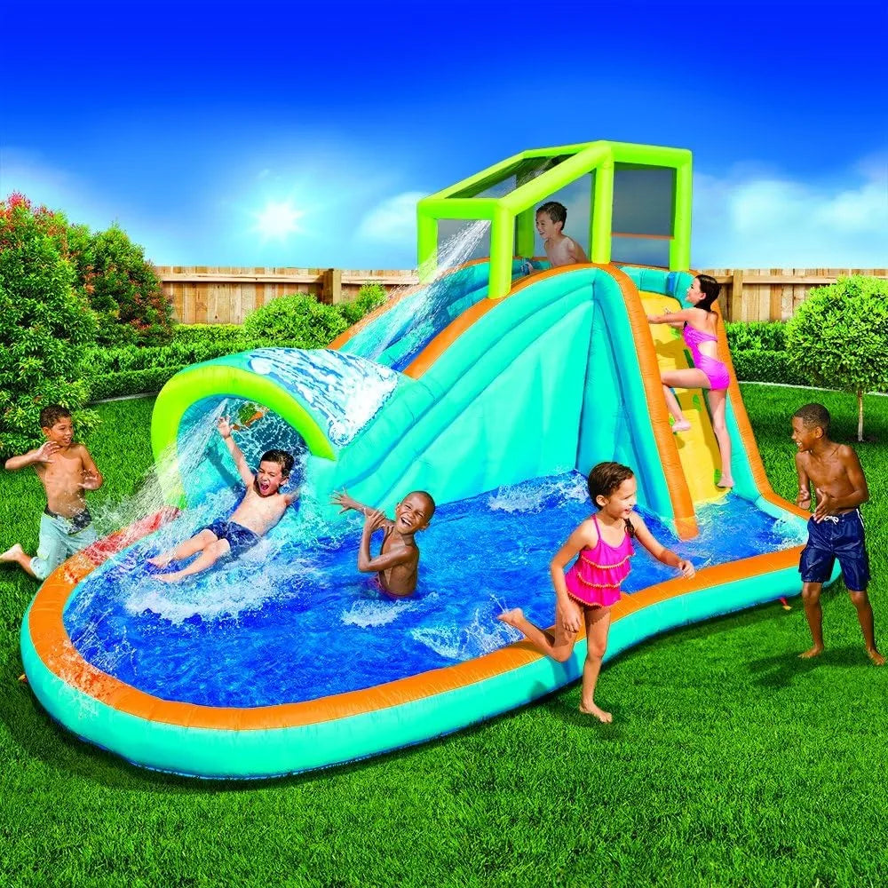 Inflatable Water Slide - Huge Kids Pool (14 Feet Long by 8 Feet High) with Built in Sprinkler Wave and Water Wall - Heavy Duty