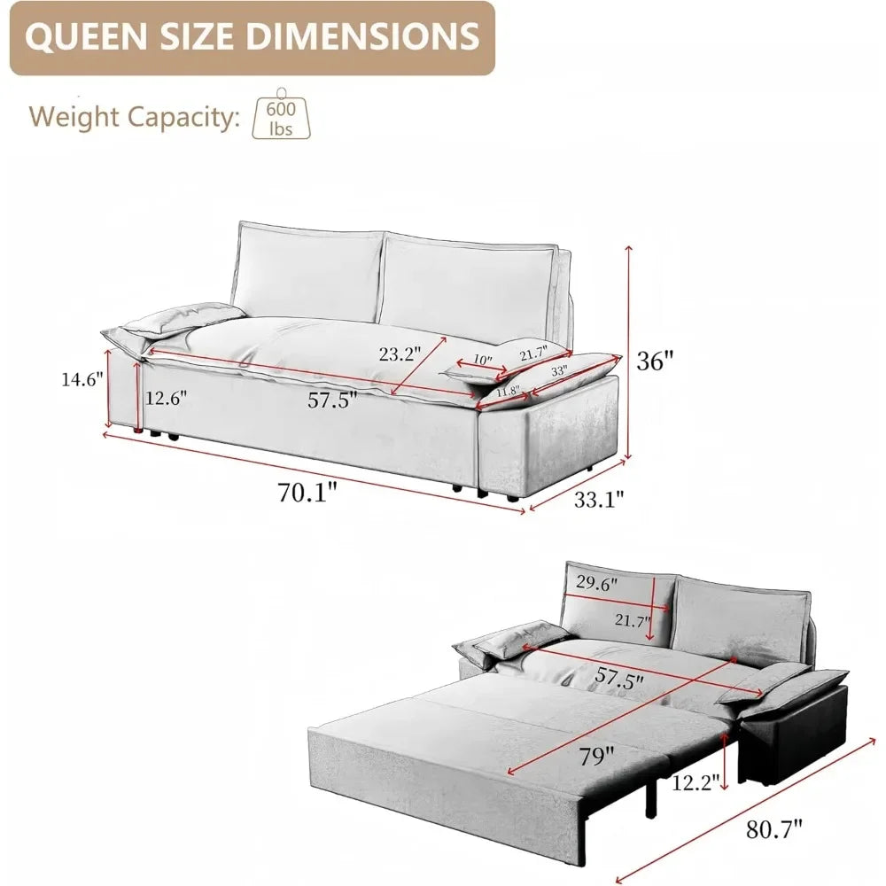 Queen Pull-Out Sofa Bed – 3-in-1 Convertible Sleeper Sofa with Velvet Upholstery