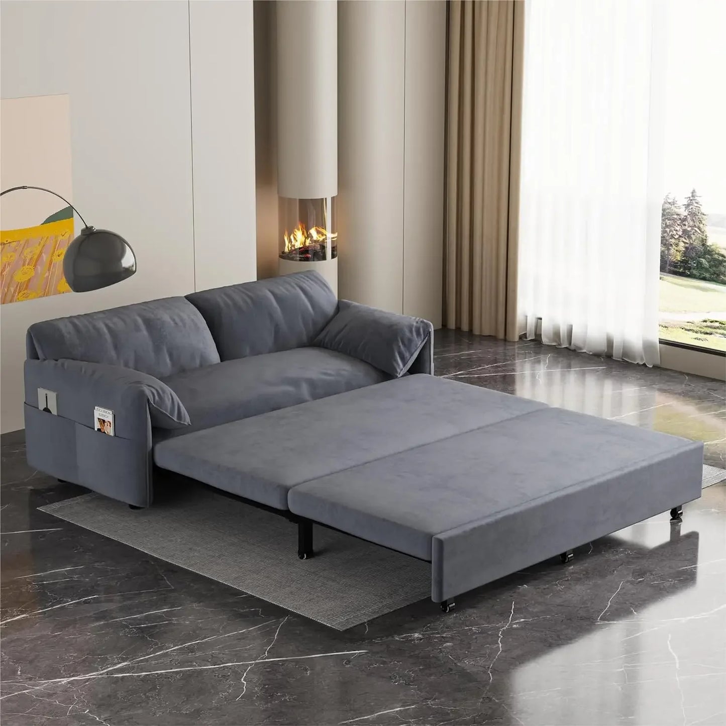 Queen Pull-Out Sofa Bed – 3-in-1 Convertible Sleeper Sofa with Velvet Upholstery