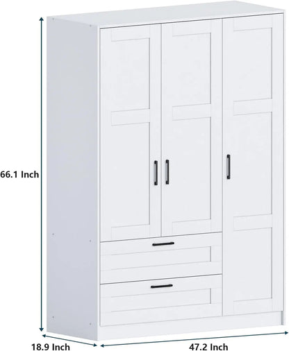 3-Door Wooden Wardrobe Closet – White Freestanding Armoire with Large Storage Capacity