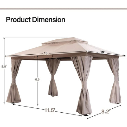 10'x13' Outdoor Patio Gazebo with Double Roof, Expansion Bolts, and Mosquito Nets