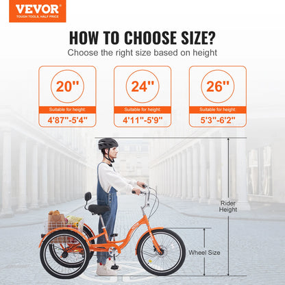 VEVOR Adult Tricycles Bike Three-Wheeled Bicycles Cruiser Bike with Basket Adjustable Seat Picnic Shopping for Seniors Women Men