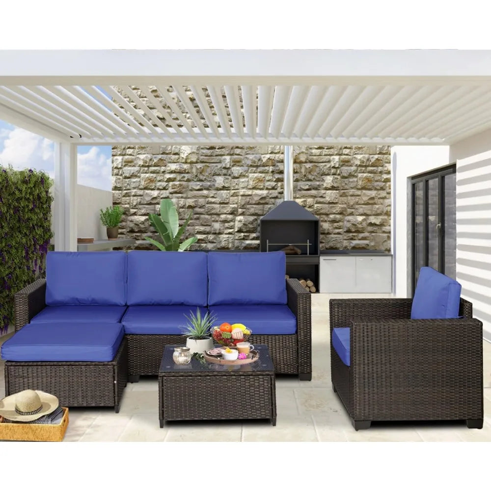 Outdoor Modular Wicker Courtyard Furniture Set, Courtyard Sofa with Footstool, 6 Pcs