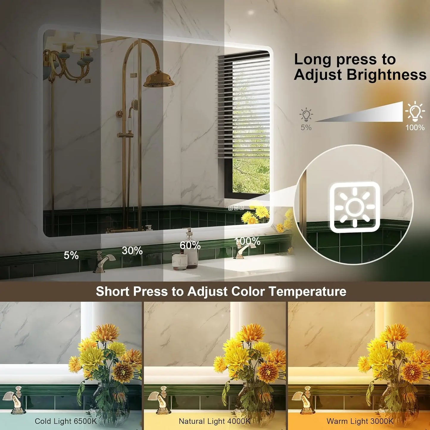 LED Bathroom Mirror with Lights – Bluetooth Speaker, Dimmable Brightness & Anti-Fog Technology