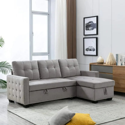 76.8'' Pull-Out Sleeper Sectional Sofa Bed with Storage Chaise – L-Shaped Convertible Velvet Sofa