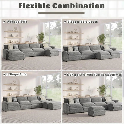 Modern Convertible U-Shaped Sectional Sofa with Ottoman – 6-Seat Modular Fabric Couch