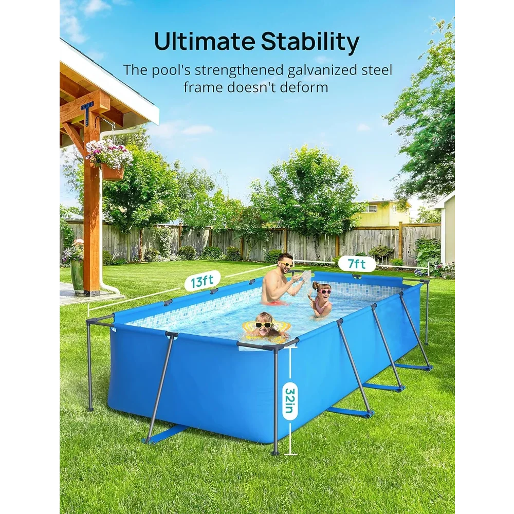 EvaJoy 14ft x 7ft x 33in Rectangular Metal Frame Swimming Pool Set