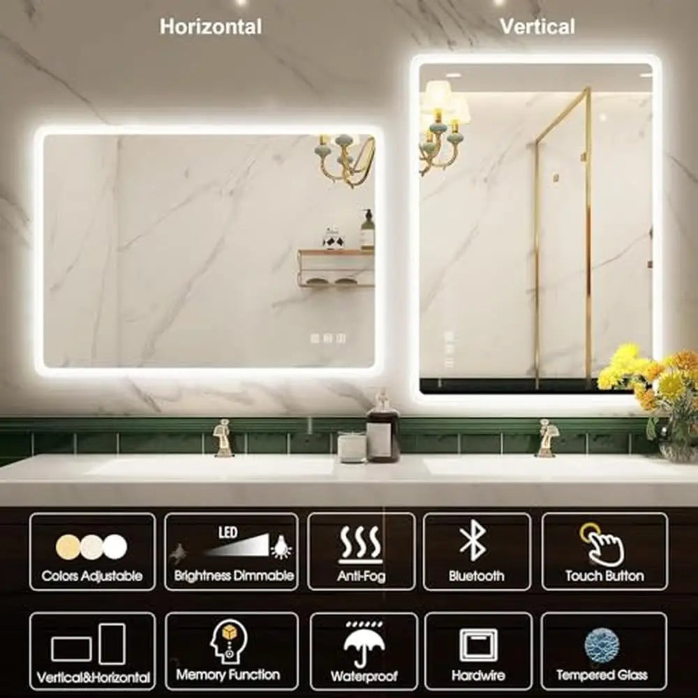 28"x36" Rectangular LED Bathroom Mirror with Bluetooth Speaker & Anti-Fog – Wall Mounted