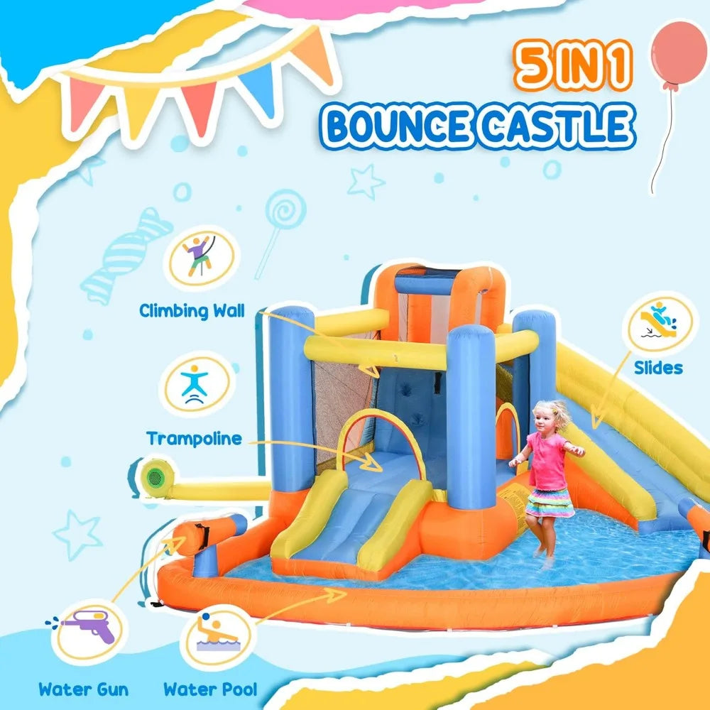 Inflatable Water Slide with Splash Pool, Climbing Wall, Air Pump, Water Cannon, Slide, Trampoline, 5-in-1 Bouncy Castle