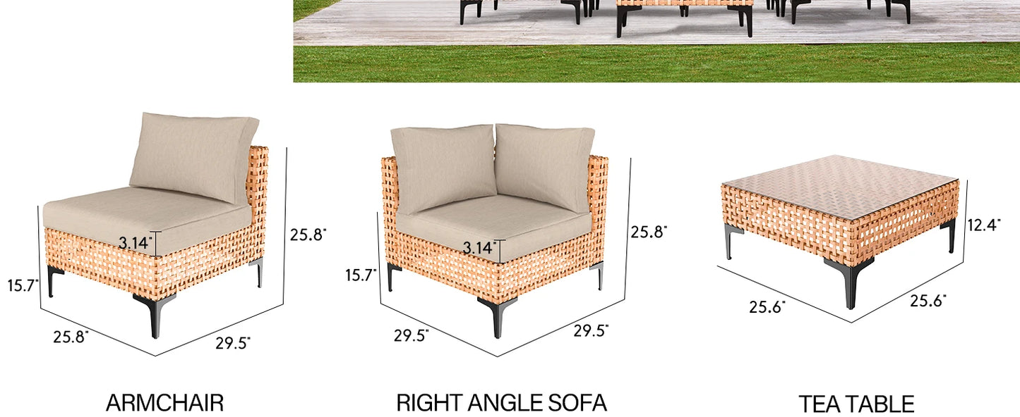 5-Piece Modular Outdoor Patio Furniture Set – Wicker Sectional Sofa with Cushions and Tempered Glass Table, Weather-Resistant for Garden, Deck, or Backyard