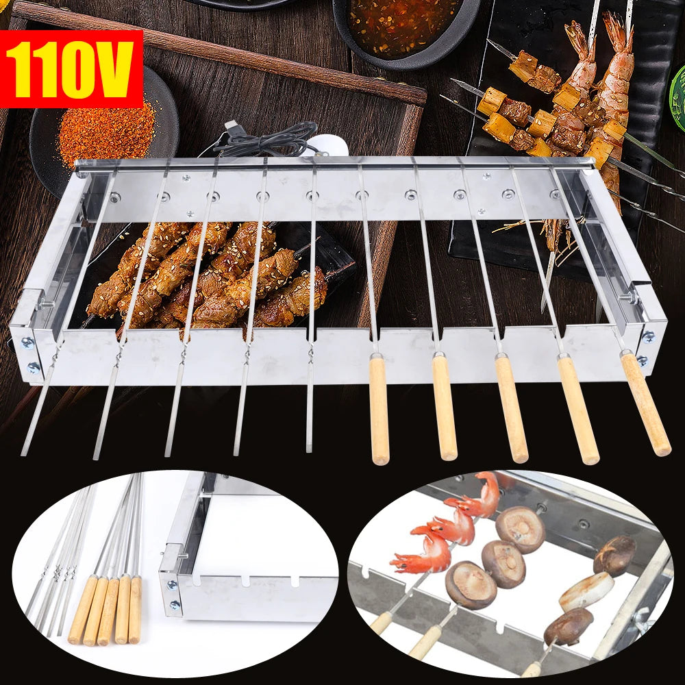 🔥 Portable Stainless Steel Rolling Electric BBQ Grill – 10-Hole Rotisserie with Flat Handle 🔥