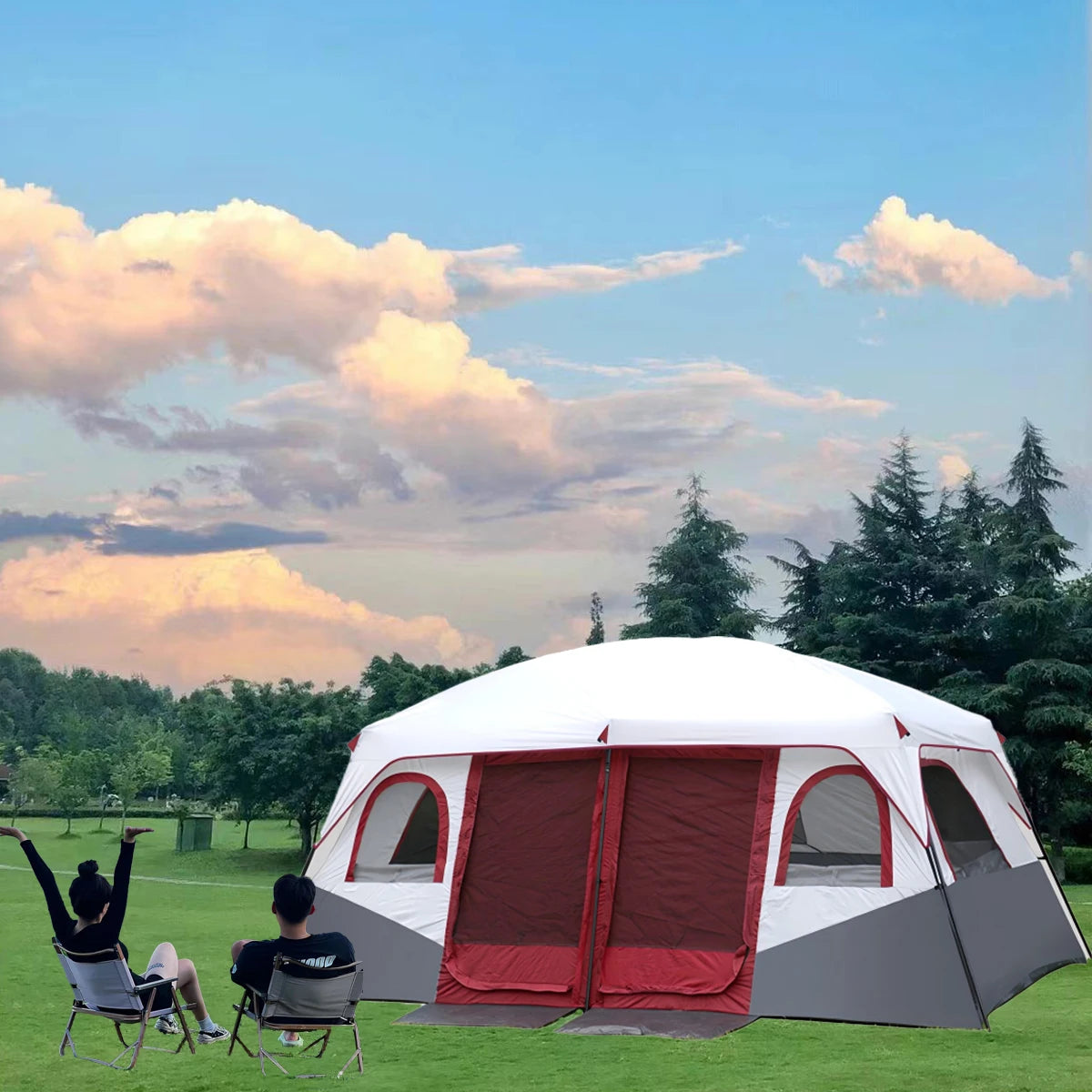 Tents for camping 8-10 person, instant glamping rooftop tent with screen porch and air conditioner port, camping essentials