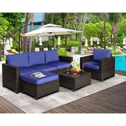 Outdoor Modular Wicker Courtyard Furniture Set, Courtyard Sofa with Footstool, 6 Pcs