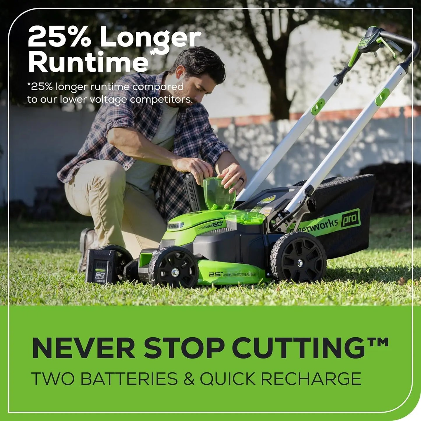 Greenworks 60V 25” Self-Propelled Cordless Lawn Mower with Dual Batteries, Turbo Start, and LED Lights