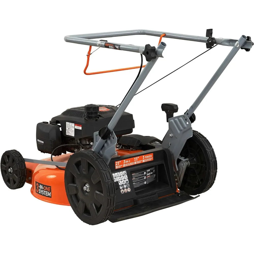 **YARDMAX 21-Inch 170cc 3-in-1 Gas Walk Behind Push Lawn Mower with High Rear Wheels and Single-Lever Height Adjustment**