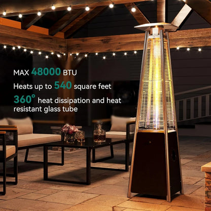 Patio Heater, 48,000 Btu Outdoor Pyramid Patio Heater, Quartz Glass Tube Propane Heater with Cover and Wheels