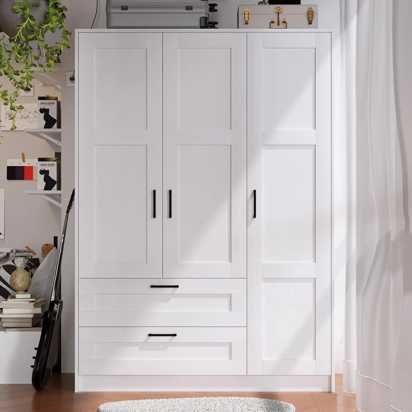 3-Door Wooden Wardrobe Closet – White Freestanding Armoire with Large Storage Capacity