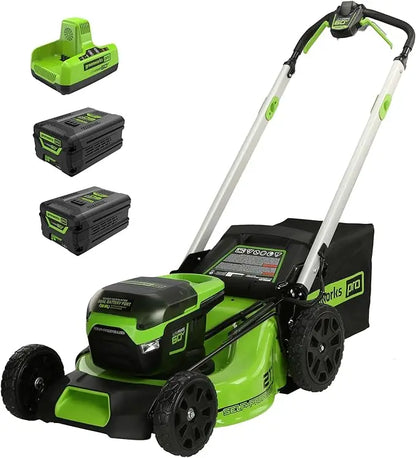 Greenworks 60V 21” Cordless Lawn Mower with LED Lights, Aluminum Handles, 5.0Ah Battery, Rapid Charger, and Dual Port Auto Switch – Powerful, Quiet, and Eco-Friendly Mowing Solution