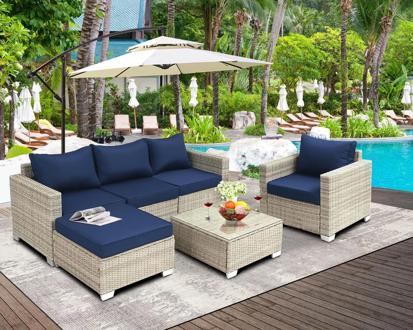 Outdoor Modular Wicker Courtyard Furniture Set, Courtyard Sofa with Footstool, 6 Pcs