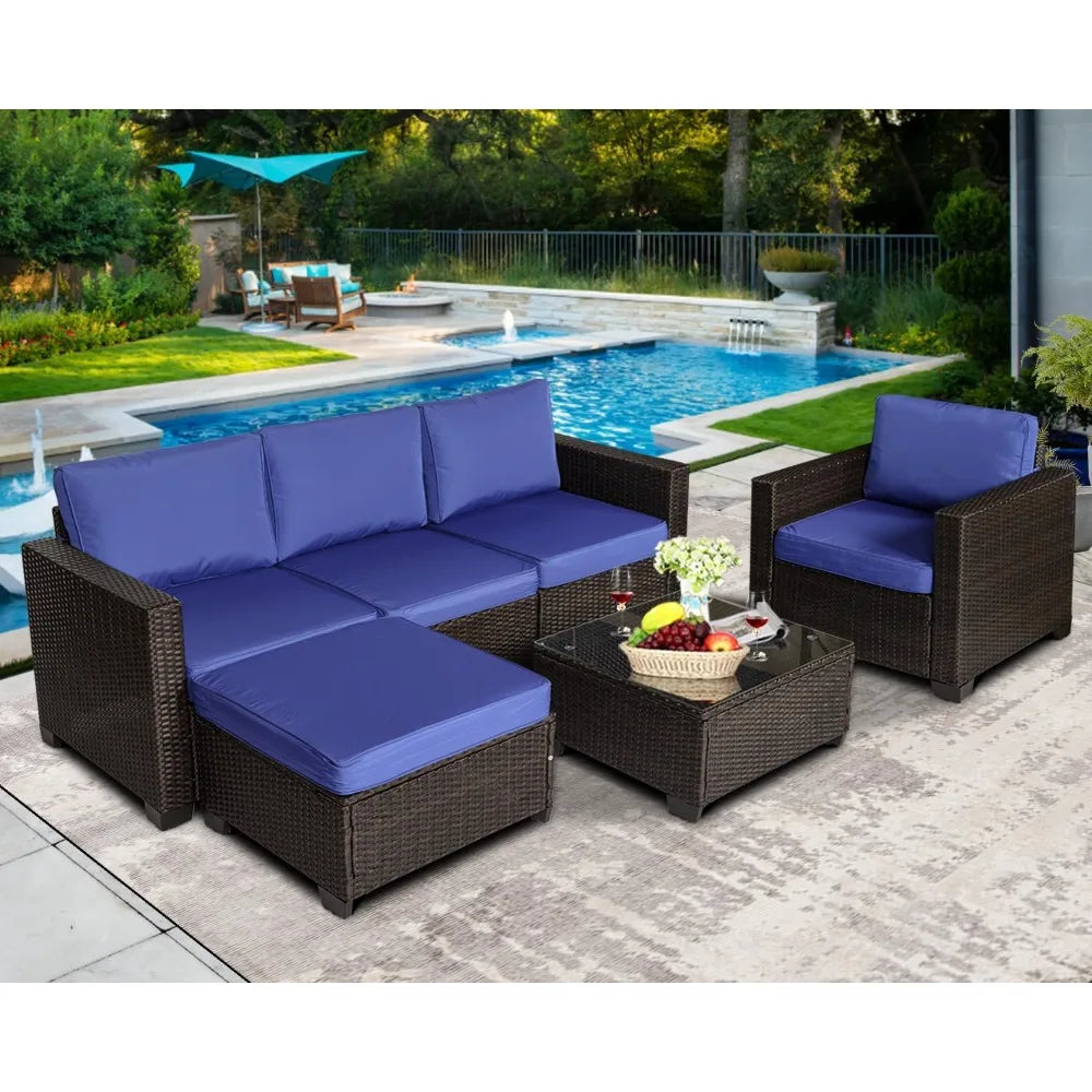 Outdoor Modular Wicker Courtyard Furniture Set, Courtyard Sofa with Footstool, 6 Pcs