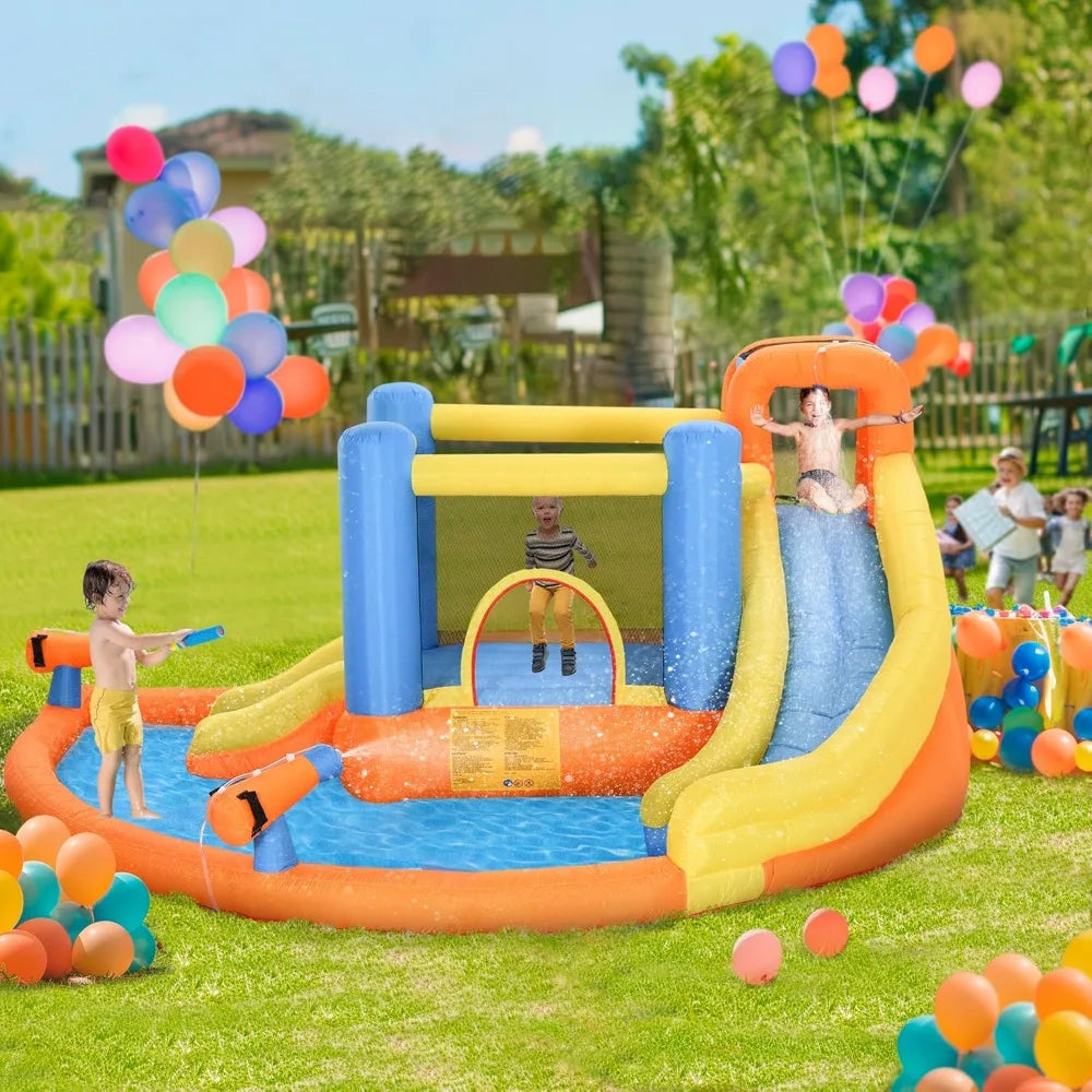 Inflatable Water Slide with Splash Pool, Climbing Wall, Air Pump, Water Cannon, Slide, Trampoline, 5-in-1 Bouncy Castle