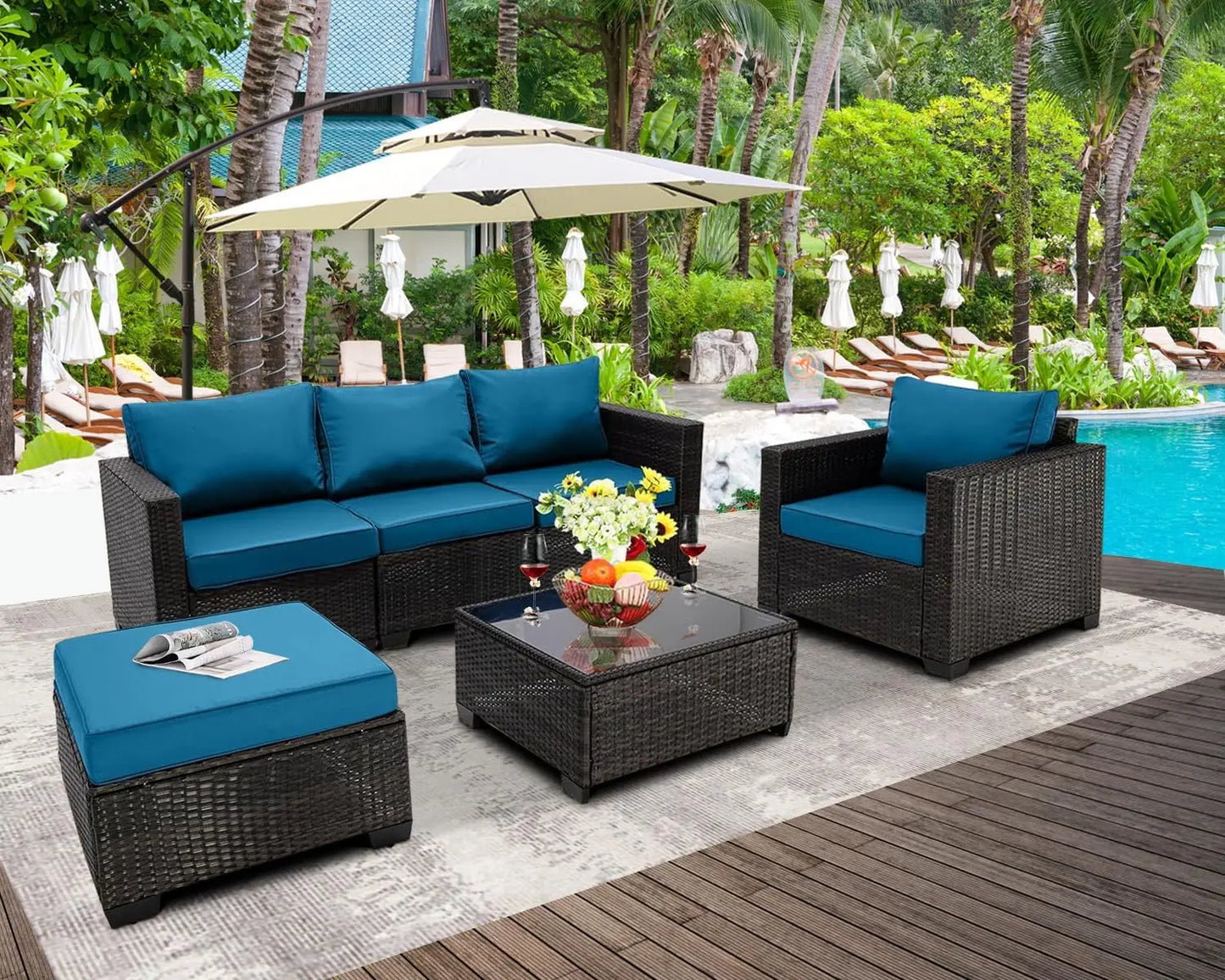 Outdoor Modular Wicker Courtyard Furniture Set, Courtyard Sofa with Footstool, 6 Pcs