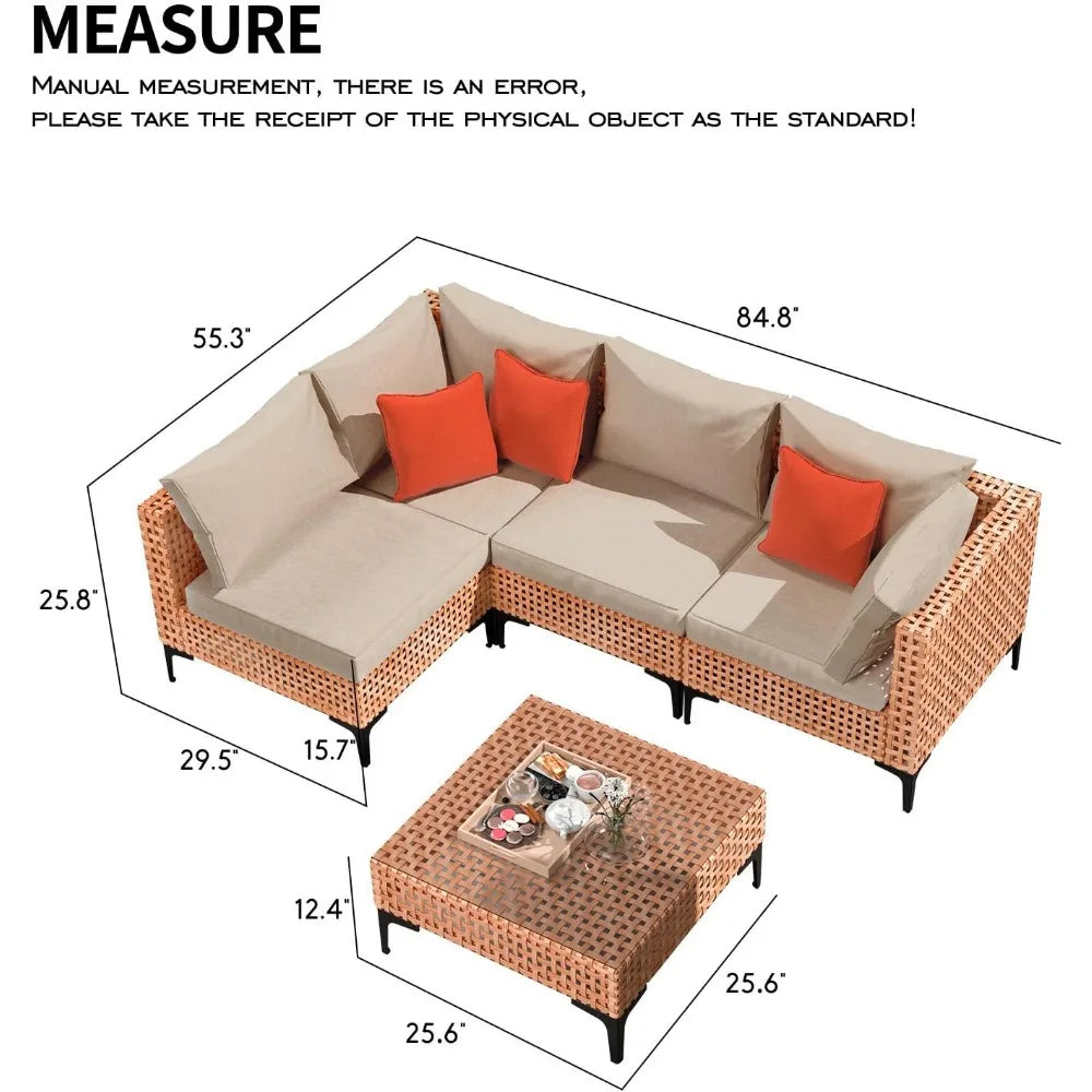 5-Piece Modular Outdoor Patio Furniture Set – Wicker Sectional Sofa with Cushions and Tempered Glass Table, Weather-Resistant for Garden, Deck, or Backyard