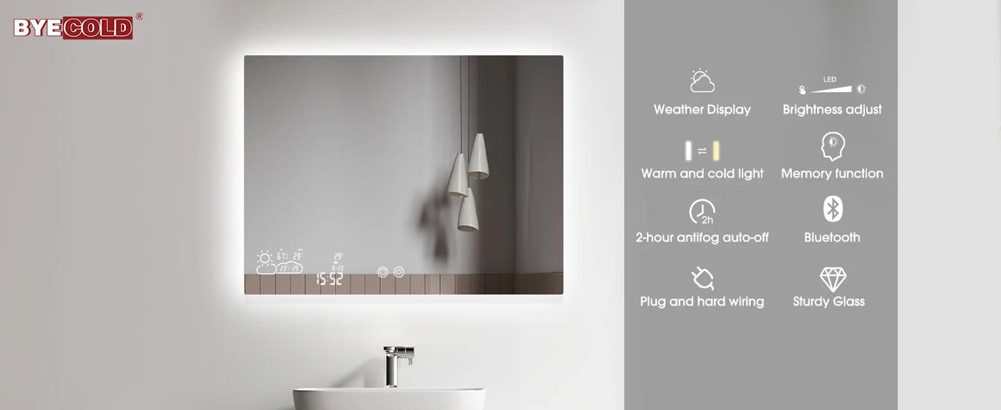 Smart Bathroom Mirror with Bluetooth (40” x 32”) – WiFi Enabled, Weather Display, Fog-Free, Adjustable Brightness