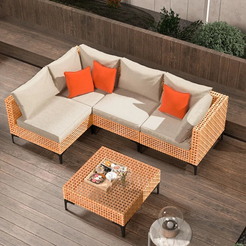 5-Piece Modular Outdoor Patio Furniture Set – Wicker Sectional Sofa with Cushions and Tempered Glass Table, Weather-Resistant for Garden, Deck, or Backyard