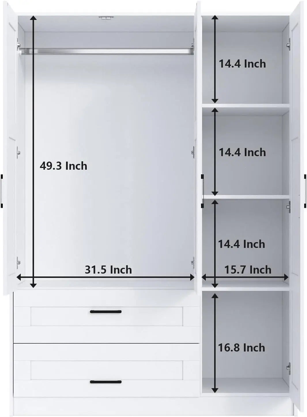 3-Door Wooden Wardrobe Closet – White Freestanding Armoire with Large Storage Capacity