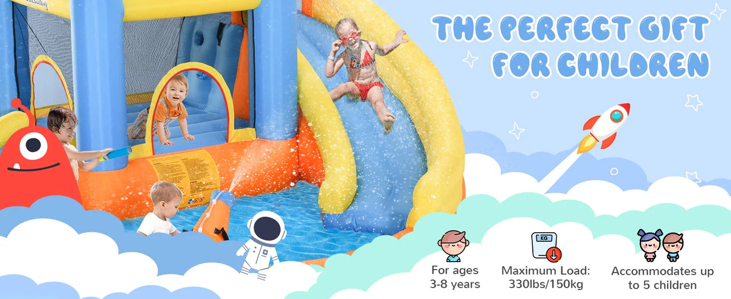 Inflatable Water Slide with Splash Pool, Climbing Wall, Air Pump, Water Cannon, Slide, Trampoline, 5-in-1 Bouncy Castle