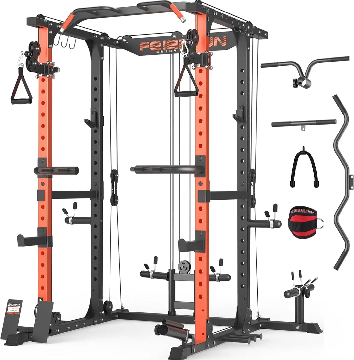 FEIERDUN Multi-Function Squat Rack Power Cage FLA01 – 2000LBS Capacity with Cable Crossover System, Optional Weight Bench & Olympic Barbell Weight Set