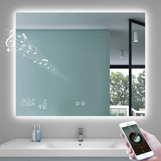 Smart Bathroom Mirror with Bluetooth (40” x 32”) – WiFi Enabled, Weather Display, Fog-Free, Adjustable Brightness