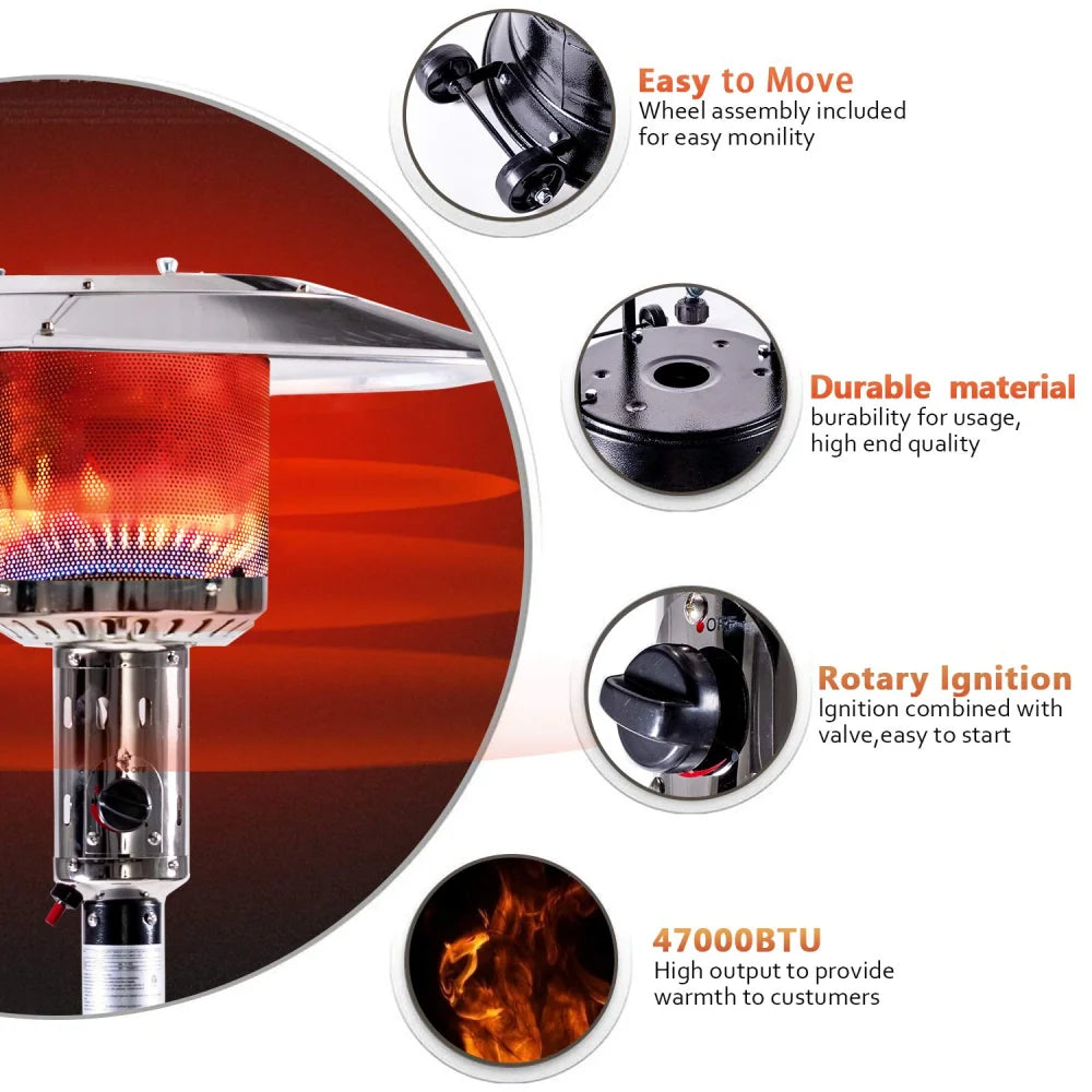 Premium 47,000 BTU Outdoor Propane Patio Heater with Portable Wheels