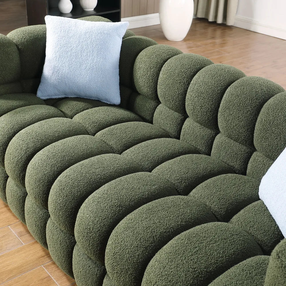 Olive Green Bouclé Marshmallow Sofa – 3-Seater Modern Luxury Couch