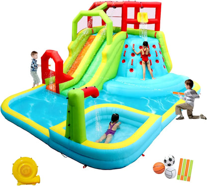 Inflatable Water Slide Park – Bouncy Castle with Deep Pool, Climbing Wall, Water Guns & Sport Balls