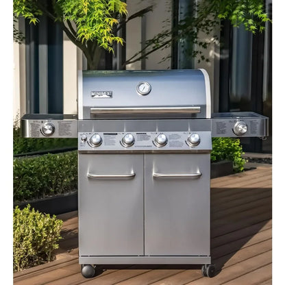 4-Burner Propane Gas Grill – Stainless Steel Cabinet Style with Side & Sear Burners 🔥