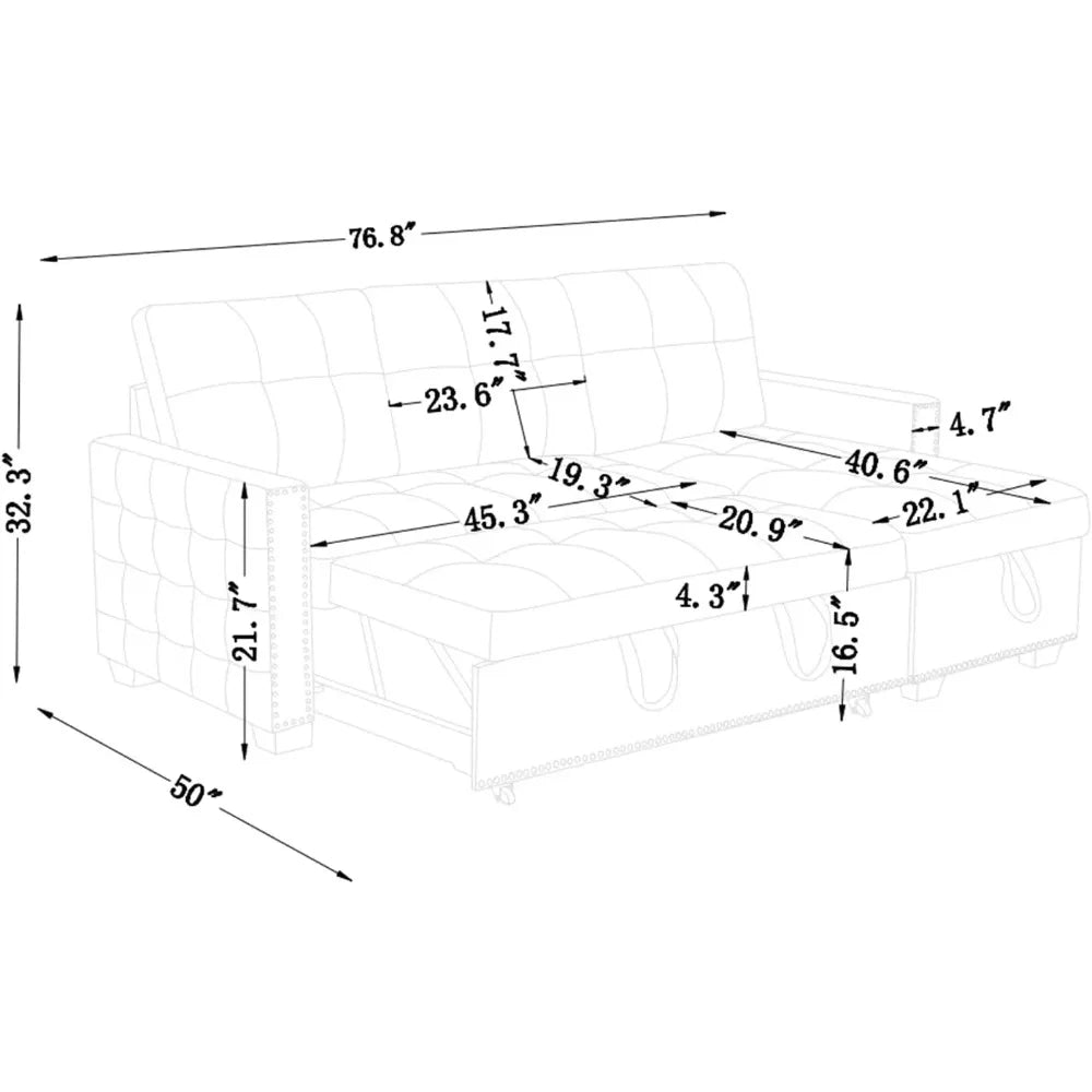 76.8'' Pull-Out Sleeper Sectional Sofa Bed with Storage Chaise – L-Shaped Convertible Velvet Sofa