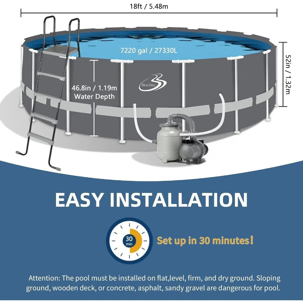 Blue Bay 18FT x 52IN Round Metal Frame Above-Ground Swimming Pool Set with 1000 GPH Pump Filter, Ladder, Pool Cover & Maintenance Kit