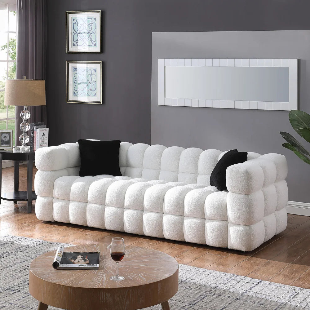 Olive Green Bouclé Marshmallow Sofa – 3-Seater Modern Luxury Couch