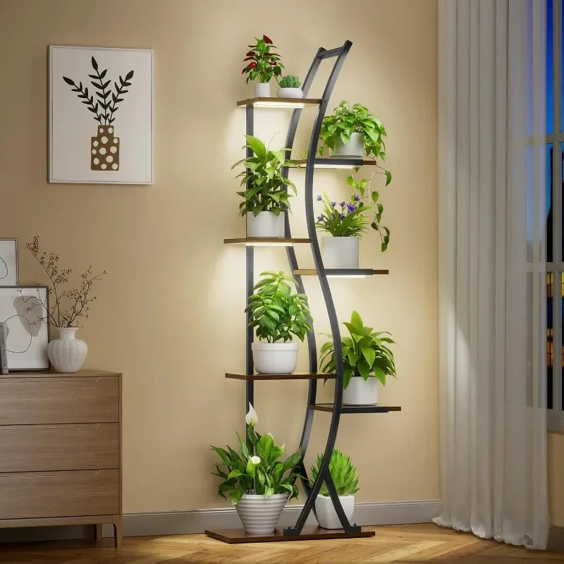 62" Tall 7-Tier Plant Stand with Grow Light – Modern Curved Metal Shelf for Indoor Plants, Flowers, and Home Décor