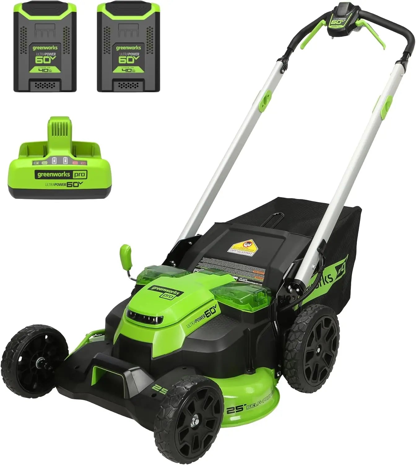 Greenworks 60V 25” Self-Propelled Cordless Lawn Mower with Dual Batteries, Turbo Start, and LED Lights