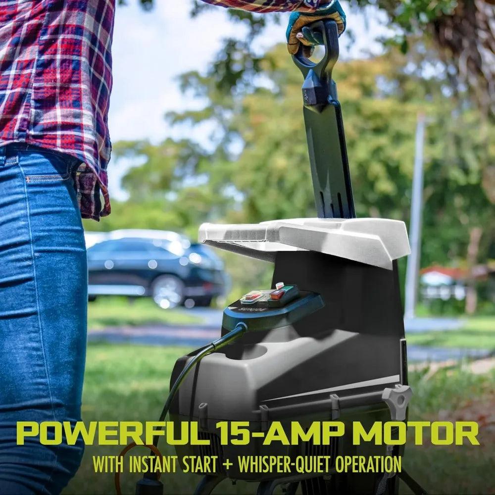 15-Amp Electric Wood Chipper/Shredder – 1.73-Inch Cutting Capacity, 21:1 Reduction Ratio, Silent Operation, and Portable Design